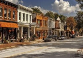 Quiet small town scene showing limited availability of specialized professionals.