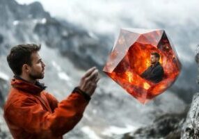 Recruiter examining a rare, glowing gem amidst a rugged terrain, symbolizing the challenge of attracting skilled workers for less desirable jobs.