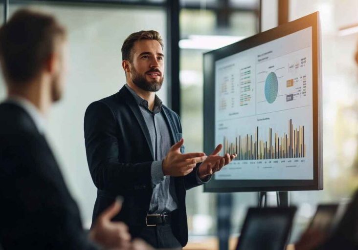 HR manager sharing performance insights powered by software analytics.