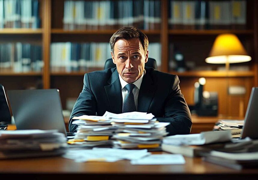 CEO reviewing resumes and feeling overwhelmed with hiring responsibilities.