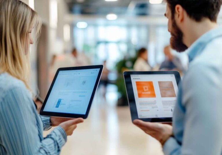 HR professionals comparing two symbolic job postings on tablets—one messy, one well-structured—highlighting how a compelling ad can stand out and attract top talent.