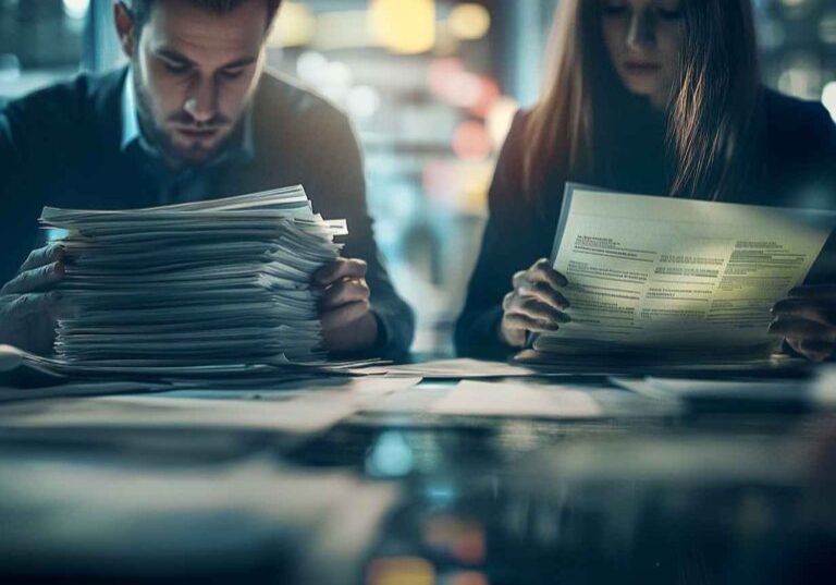 Two HR professionals reviewing contrasting sets of job ads—one disorganized, one structured—illustrating how a well-crafted ad can attract high-quality candidates.