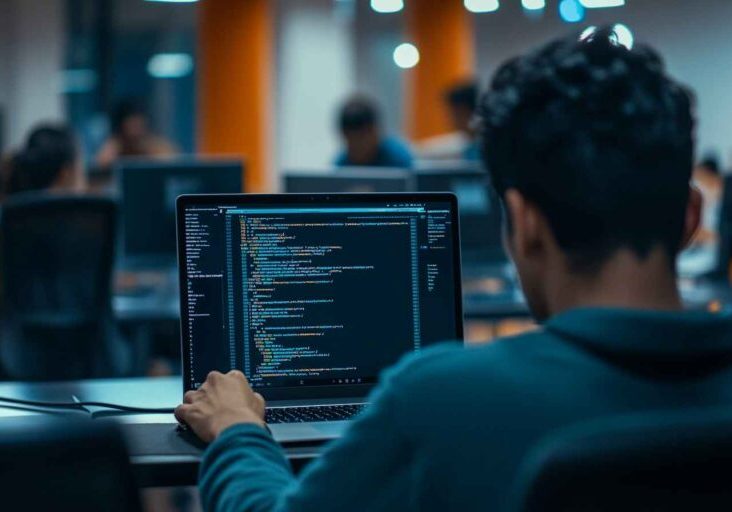Colombian software developer working in a modern coworking space.