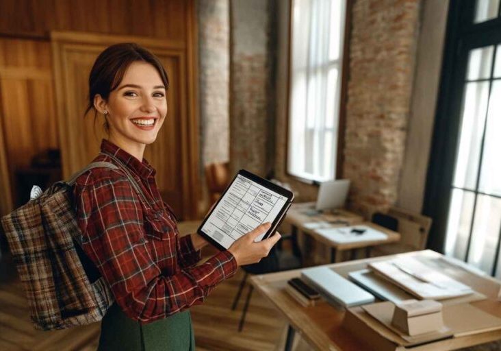 HR manager holding HR onboarding checklist on her laptop.