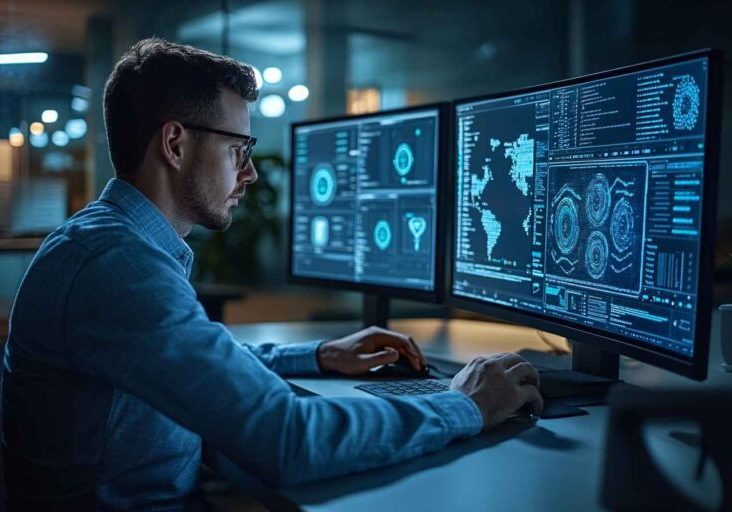 Developer comparing AI agent platforms on-screen in an office.