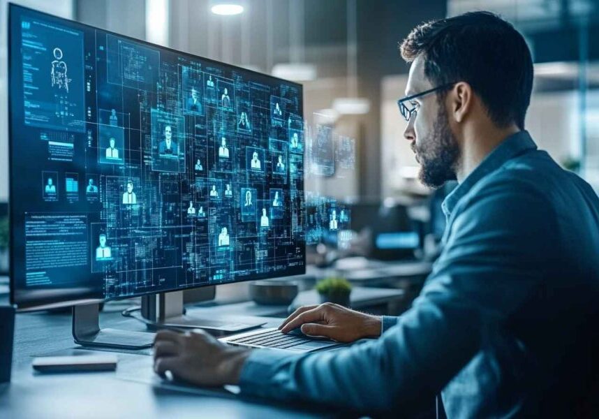 HR specialist using an automated hiring platform in a modern office.