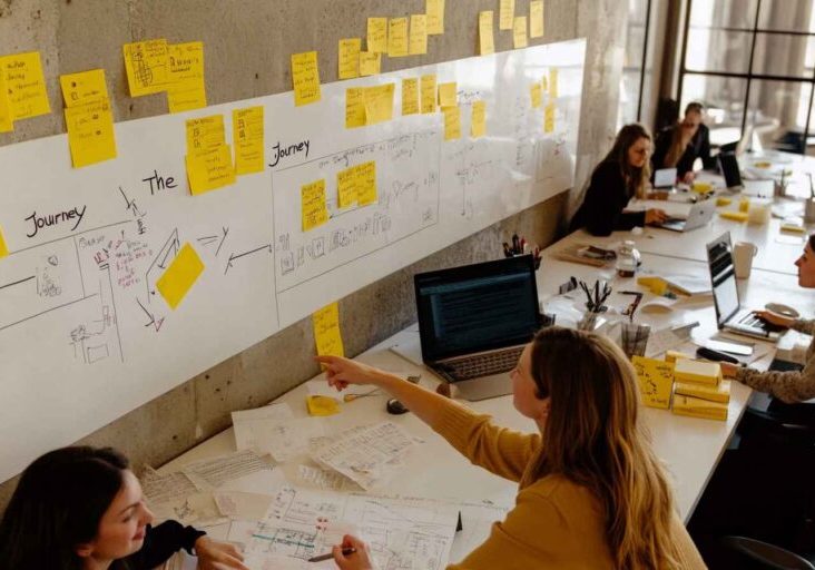 A startup HR manager presenting a strategic HR roadmap to a small team.