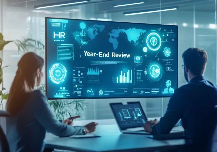 An HR team reviewing a digital year-end HR checklist on a large screen.