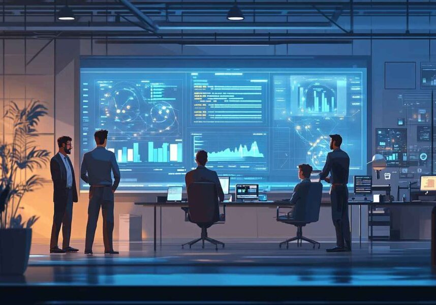 Diverse team discussing automated hiring processes in a modern office.