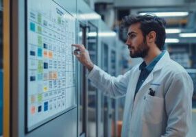 Male HR manager reviewing shift-based hiring board in a factory.