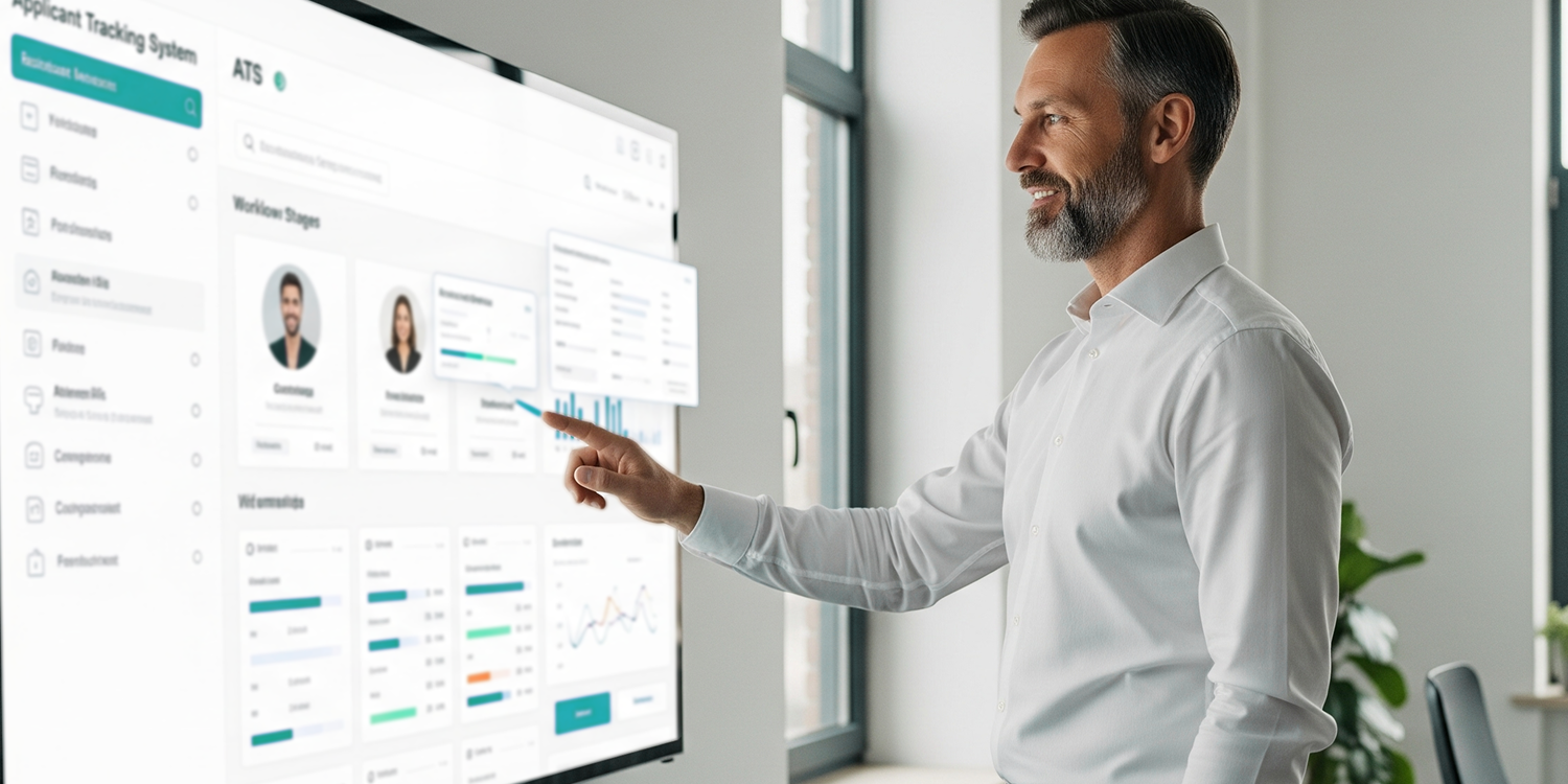 Professional man interacting with applicant tracking system (ATS) or hiring software dashboard on large office screen.