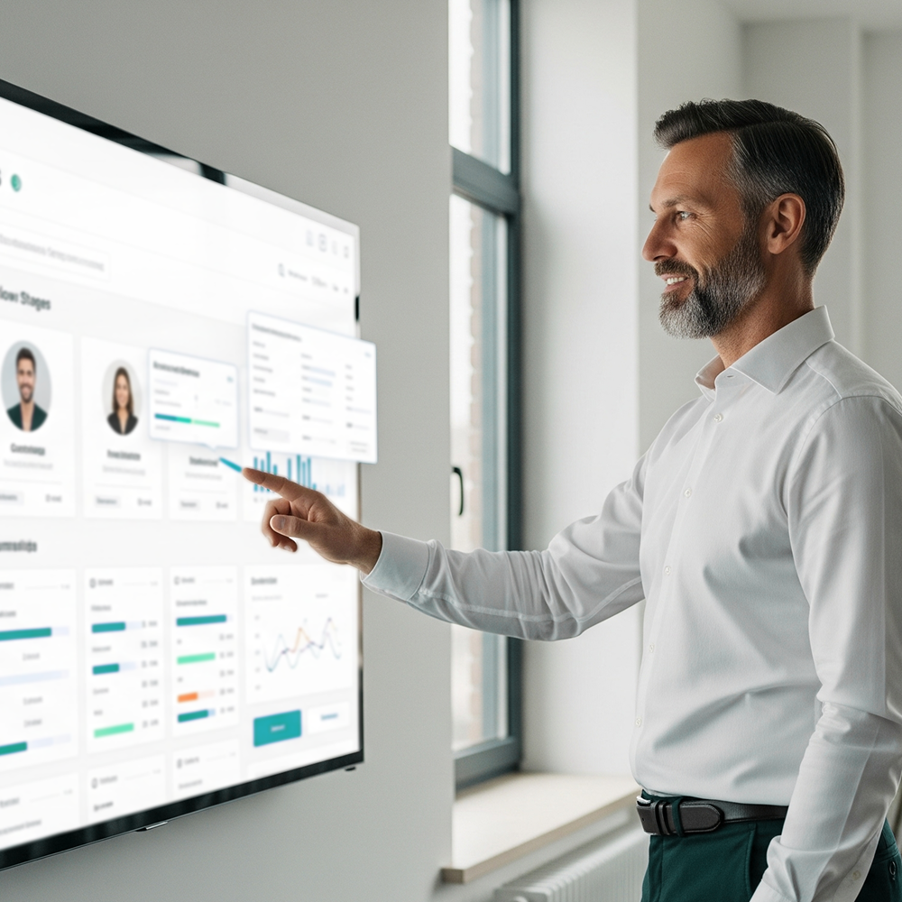 Professional man interacting with applicant tracking system (ATS) or hiring software dashboard on large office screen.