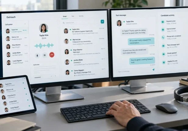 Recruiting team coordinating candidate outreach automation across phone, email, and text