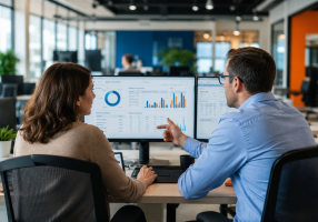 Indeed ATS partner team reviewing job board analytics on monitors in a modern corporate office