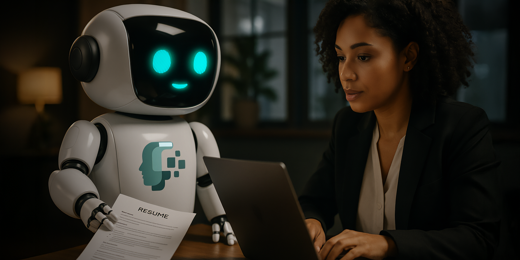 Businesswoman using a laptop next to a friendly AI robot holding a resume, representing AI-assisted recruiting and resume screening.