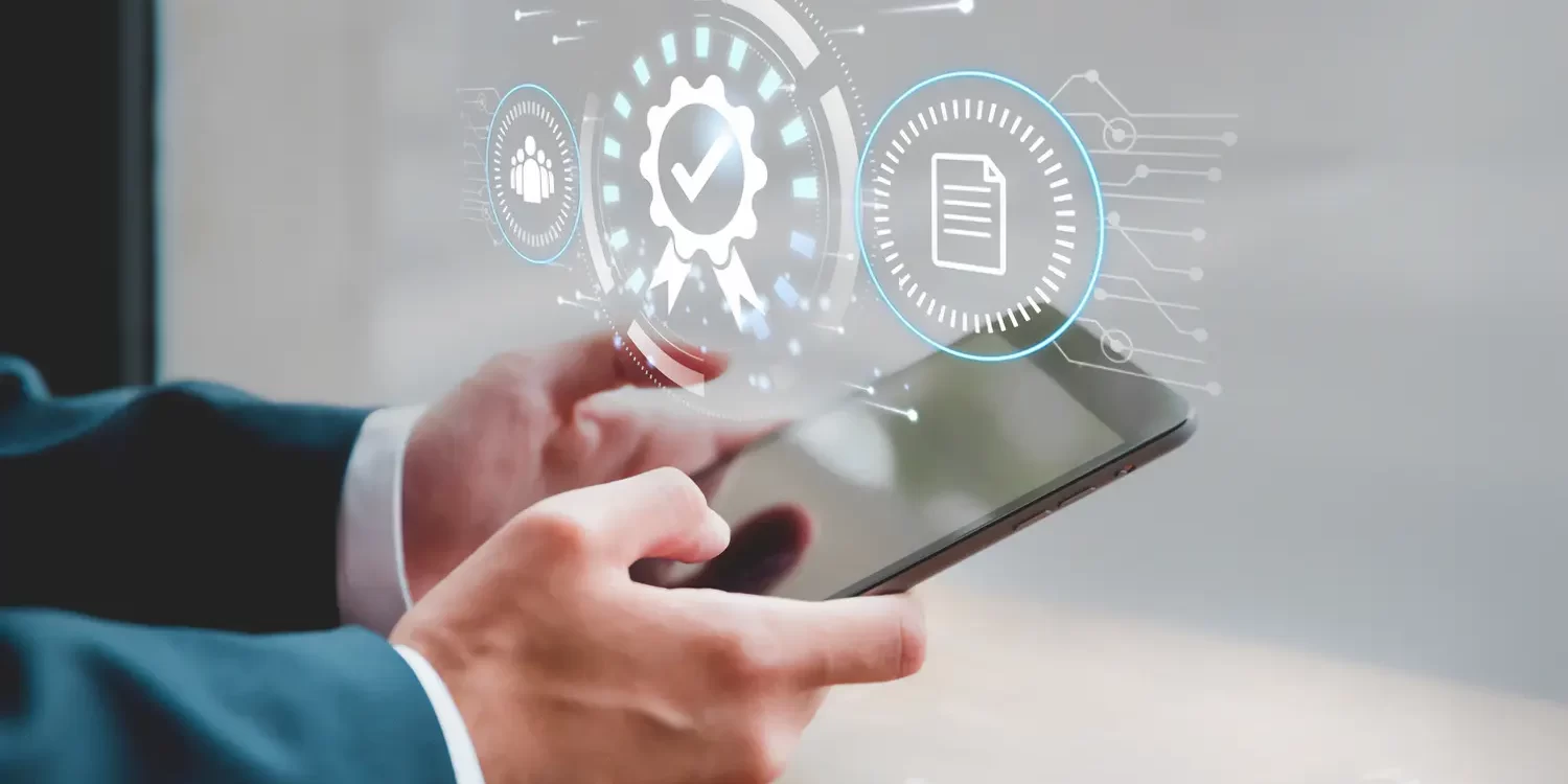 Business professional using a tablet with digital icons representing verification, documents, and team management for assessment automation and skills testing.