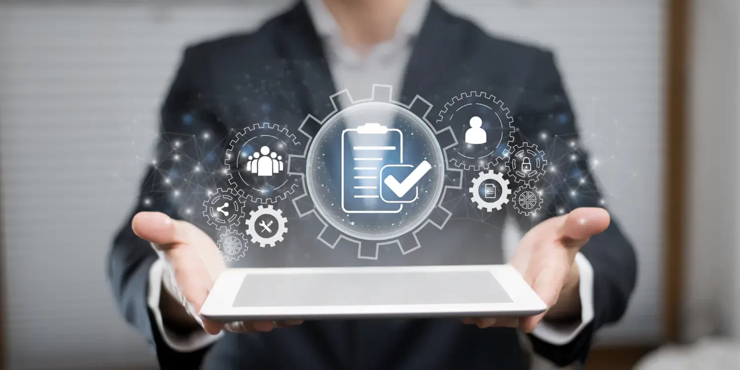 Businessman presenting a digital interface with icons for assessments, checklists, and workflow automation for candidate evaluation.