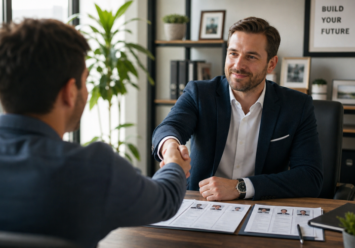 Business owner making a confident hiring offer after a data-driven evaluation process