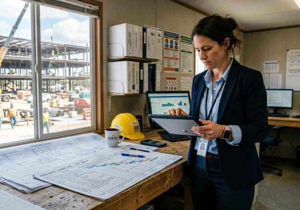 Project manager at a construction company reviewing hiring needs from a job site office.