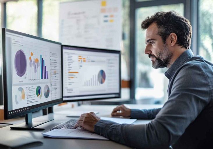 An HR manager reviewing an HR checklist on a dual-monitor setup in an office.