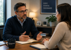 Manager and employee in performance check-in conversation — ongoing performance management for growing teams